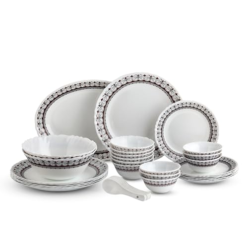 Image of CELLO Lumina Imperial Plus Series Opalware Dinner Set of 33 Pieces For Family of 6 | Bone-Ash Free & Leadfree Opal Glass Microwave & Dishwasher Safe Crockery Plates & Bowls Set For Daily Use & Gifting