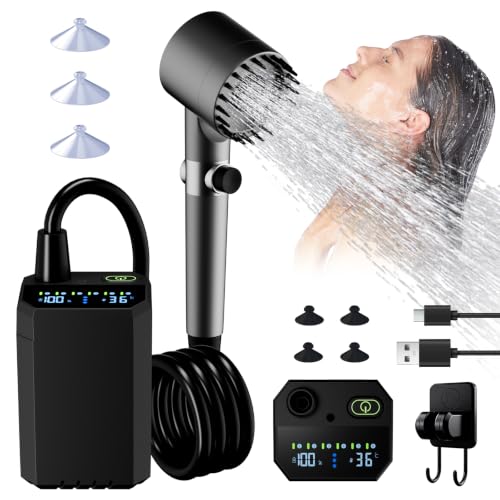 Ducha portátil para camping – Bomba de ducha recargable con 6 niveles de presión de agua con luz LED y pantalla - 4 modos de rociado - Ducha portátil IPX8 para camping, senderismo, RVs, viajes y baño de mascotas