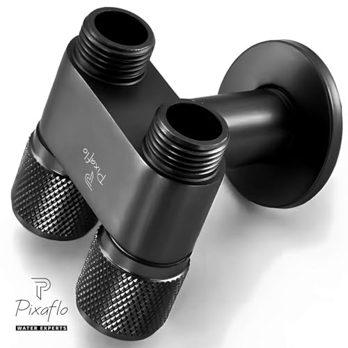 Image of Pixaflo Compact Brass 2 Way Angle Cock | 2-in-1 Angle Valve with Wall Flange | For Bathroom, Toilet, Wash Basin | Black Finish