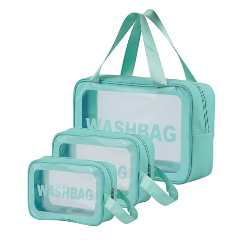 Image of Gritty Wash Bag Pouch for Travel Kit Toiletry Bag Cosmetic Bag Make Up Box for Brushes,Accessories with Handle,Large Capacity Waterproof Travel Storage Organizer Set of 3(Mint Green)