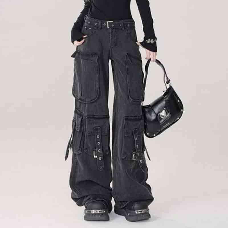 BXCNCKD Women's Retro Washed Workwear Jeans, Multi Pocket Street Loose Wide Leg Jeans, Y2K Jeans4