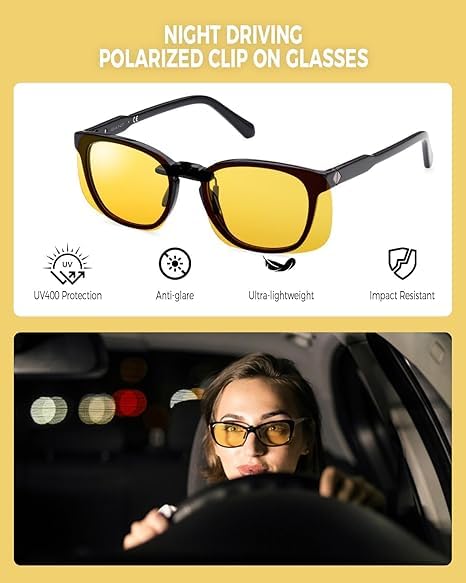Image of Clip on Polarized Night Vision Glasses Flip up Sunglasses to Wear Over Prescription Glasses for Night Driving 2 Pack