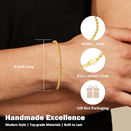 Gold Bracelets for Men,14K Gold Rope Chain Bracelet for Men, 3mm Dainty Non Tarnish Stackable Bracelet Jewelry Gifts, 8 Inch4
