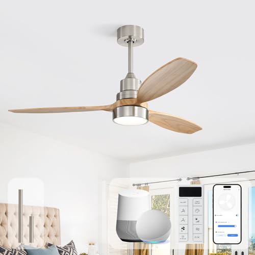 Image of Sofucor 52 Inch Solid Wood Smart Ceiling Fans with Lights and Remote, Works with App /Alexa /Google, 6-Speed Outdoor Ceiling Fan with Light, 3 Blade Ceiling Fan, Quiet DC Motor for Living Room Patio