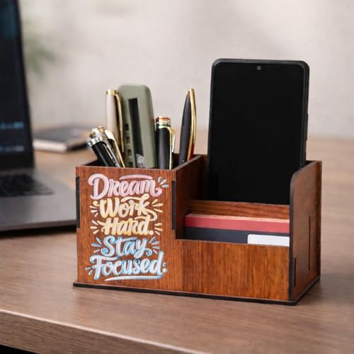 Image of Handcrafted Wooden Pen Holder & Mobile Stand | Desk Organizer for Office, Home & Study Table | Pen Pencil Stand with Card Holder (6.75x3.75x2.5 Inch) (Dream Work Hard Stay Focused)