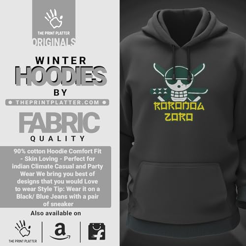 Image of Roronoa Zoro Black Cotton Hoodie Bio Wash | Anime 330gsm Sweatshirt with Hood for Winter |H34