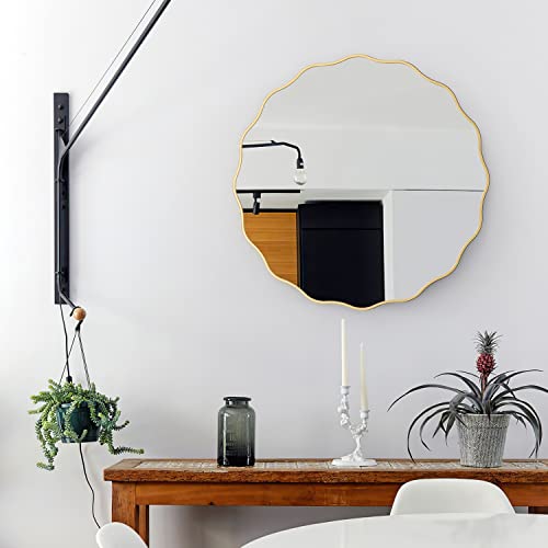 Gold Circle Mirror, 24" Round Vanity Mirror, Irregular Wall Mirror For Bathroom, Waved Edge Decorative Mirror, Wooden Farmhouse Mirror For Bathroom, Entryway, Washingroom, Living Room, Bedroom #TOP1