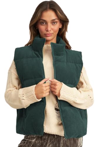 Women's Jungle Green Corduroy Stand Neck Zipped Puffer Vest for Casual Style