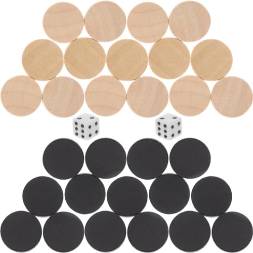 Toyvian Wood Backgammon Pieces 30pcs Stackable Wooden Checkers 0.7 Inch Playing Game Chips with 2 Dice for Board Game Educational Travel Camping