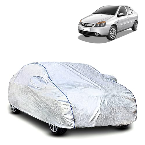 Image of Kerwa Car Body Cover Waterproof Compatible with TATA Indigo ECS | Scratch Proof, Anti-Dust, UV Protection | Windproof Buckle Strap | Fitted Bottom Elastic | Side Mirror Pockets-Silver