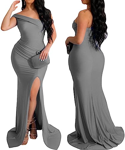 Women's Sexy Off Shoulder Bodycon Maxi Dresses Elegant High Split Club Party Long Dress3