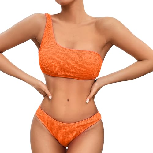 Traje de Baño de Dos Piezas Elegante y Moderno con Diseño Asimétrico para Mujer (Orange, L)