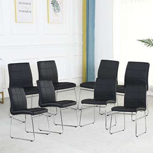 Modern Dining Chairs Set of 8 - Faux Leather Dining Room Chairs, Comfortable Kitchen Chairs with Chrome Legs for Kitchen, Living Room, Bedroom, Dining Room Side Chairs Set of 8 (Black)