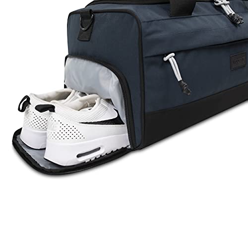 Vooray Boost Duffel, Water-Resistant Gym Bag with Shoe Compartment, Accessory Pockets, Small Overnight Travel Bag, Durable Sports Duffel Men Women 22L (Steel Blue, Boost (22L))