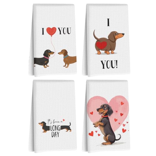 Image of 4 Pcs Dachshund Kitchen Towels 24x14 Inch, Dachshund Gifts Reusable Dish Towels for Kitchen Bathroom Decor, Waffle Weave I Love You Hand Cloth Tea Towel, Cute Dog Valentine's Gifts for Girlfriend Wife