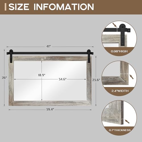 Image of COGOOD Farmhouse Barn Door Mirror - 41 inch x 26 inch Rustic Wood Framed Wall Mirror for Bathroom, Living Room, Entryway Wall Decor (Yellow White)