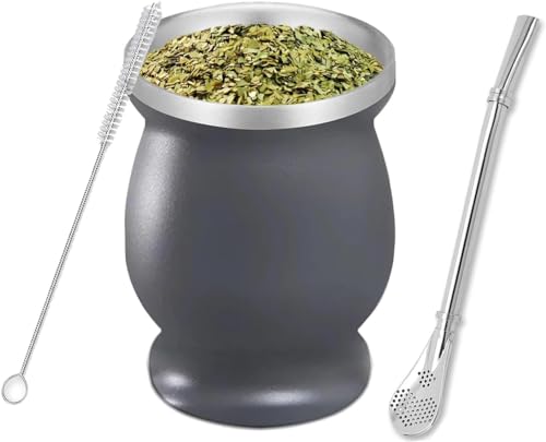 STOUCLA Taza Mate,juego de tazas de té mate,Taza de Acero Inoxidable,con pajita de acero inoxidable y cepillo de limpieza, para té mate,café(color gris)