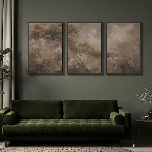 SIGNFORD Framed Canvas Print Wall Art Set Neutral Botanical Meadow Landscape Earth Tone Nature Illustrations Modern Art Relax/Calm for Living Room, Bedroom, Office - 24"x36"x3 Black - 3
