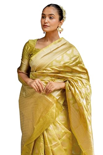 Image of Subham Saree for Woman Silk Cotton Kanjivaram | Soft Daily Wear Golden Zari Sari with Jacquard Blouse Piece