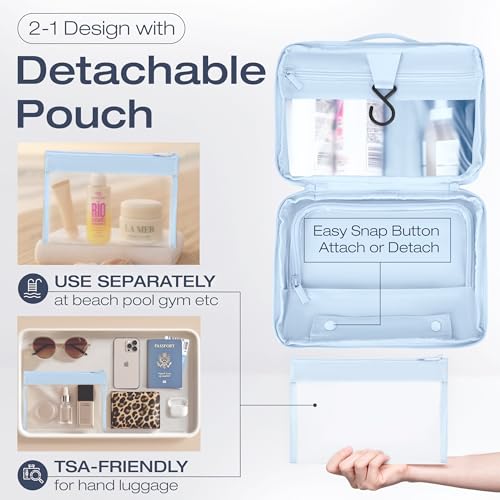 KAZAY Hanging Toiletry Bag with TSA Approved Detachable Pouch, Travel Toiletry Bag, Water Resistant, Premium Nylon, Travel Size Toiletries, Cosmetic Bag, Unisex (Light Blue)3