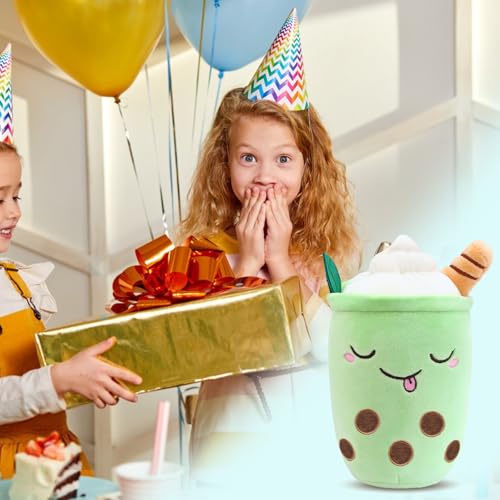 Tutukyle Bubble Tea Plüschtier Kuscheltier Plüschkissen Spielzeug Bubble Tea Kuscheltier Pearl Milk Tea Kuschelkissen Cartoon Plüsch Rückenkissen Geschenk für Kinder Mädchen Erwachsene (Grün, 35cm)