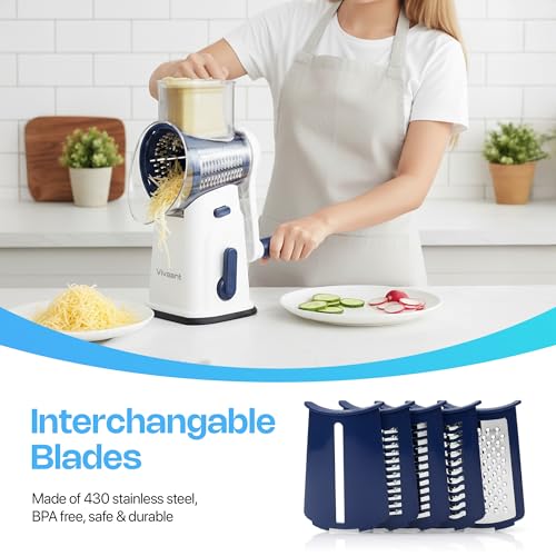 Vivaant Rotary Cheese Grater with Handle, Cheese Shredder Hand Crank with Suction Base & 5 Interchangeable Blades, Multi-Functional Food Chopper for Vegetables, Nuts & Chocolate - Easy to Use & Clean by Vivaant - Image 3