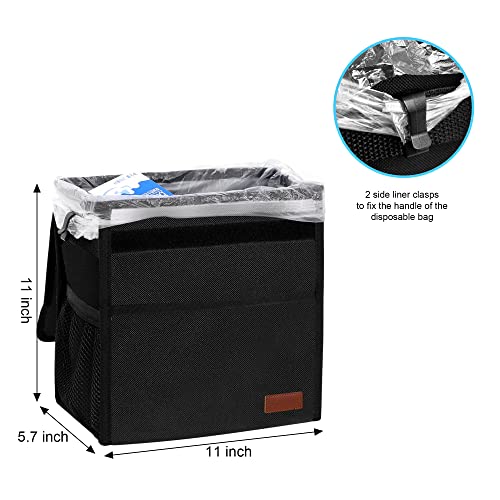 Image of Leak Proof Car Trash Bag Waterproof Garbage Can with Lid for SUV Front Seat Multipurpose Car Hanging for Headrest Collapsible and Portable with Storage Mesh Pocket, Large / Black
