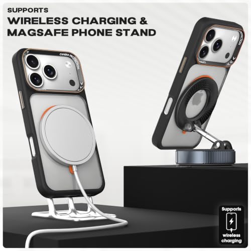 Image of Pikkme Back Cover for iPhone 17 Pro Max | Shockproof | Mag-Safe Compatible | Hard Transparent Back | Premium Raised Camera Protection | Bumper Case (Black & Orange Mag-Safe)