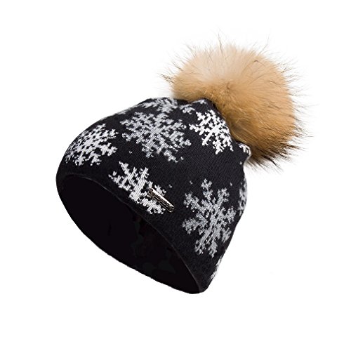 Pilipala Women Oversized Slouchy Beanie Hat with Snowflake Pattern VC17602 Black Gold Pompom
