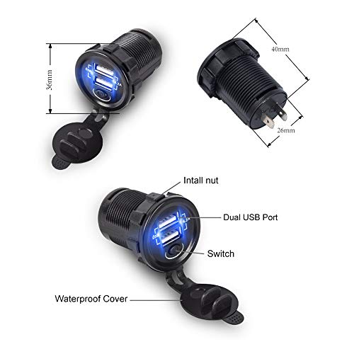 BREADEEP Dual USB Car Charger with Switch, Waterproof DC 12V Power Outlet 4.2A (2.1A & 2.1A) Quick Charger Socket for Car Boat Marine RV ATV Mobile… - Thumbnail 7