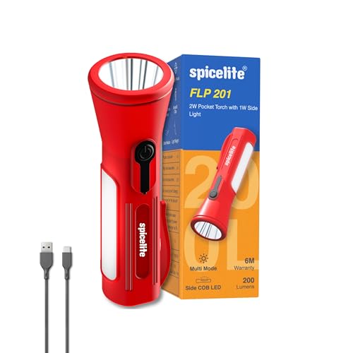 Image of Spicelite FLP 201 LED Torch | 6 Hours Runtime | USB-C Rechargeable Flashlights | Dual Light with SOS Mode | 200 Lumens with 500m Beam | Multicolour
