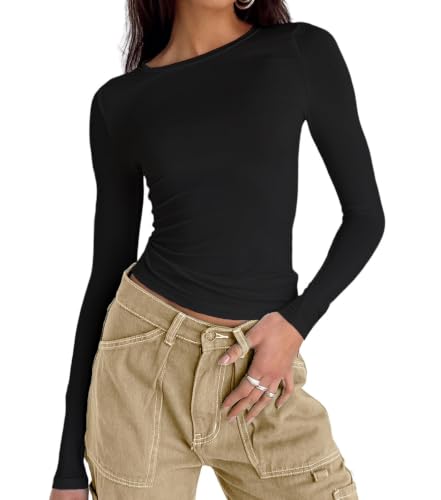 Image of Dwnval Womens Basic Summer Short Sleeve Tight Fitted Workout Crop Tops | Soft Trendy Cute Compression Womens outfit Baby Tees Shirt