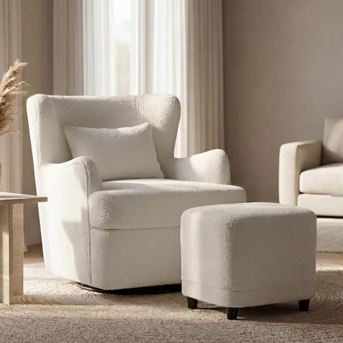 Wismestr Wingback Swivel Accent Chair - Boucle Barrel Chair with Ottoman 360 Swivel Rocking Modern Armchair Upholstered Lounge Chair with Footrest for Living Room Bedroom Reading Room (Begie)