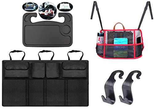 ByBATUL Halten Sie Ihr Auto mit dem 4-in-1-Set ordentlich: Lenkradablage, Netztasche, Kopfstützenhaken und Kofferraum-Organizer - ideal für jedes Fahrzeug