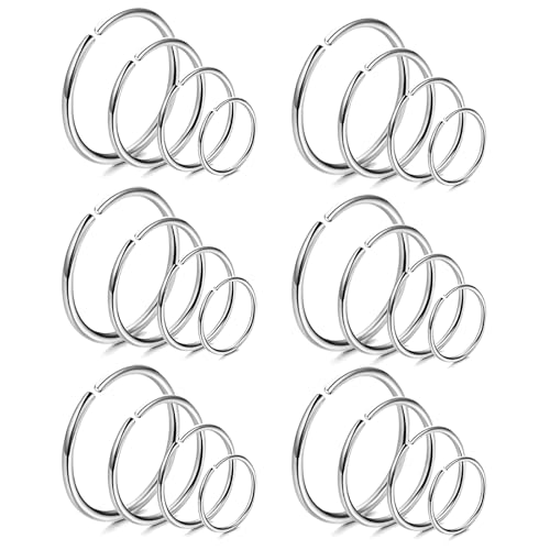 Senshuomy 24pcs Extra Thin Nose Rings,Small Plain Nose Rings 0.8mm Tiny Nose Hoop,Small Hoop Earrings,Lip Rings,Super Snug Nose,Piercing Jewellery for Women, Hypoallergenic (Silver)