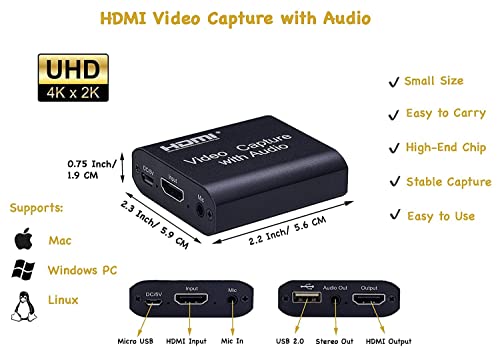Image of 4K HDMI Video Capture Card with 3.5mm Audio Output Mic Input for Zoom Meeting Game Recording Support USB 3.0 PC Live Streaming Broadcast YouTube Live