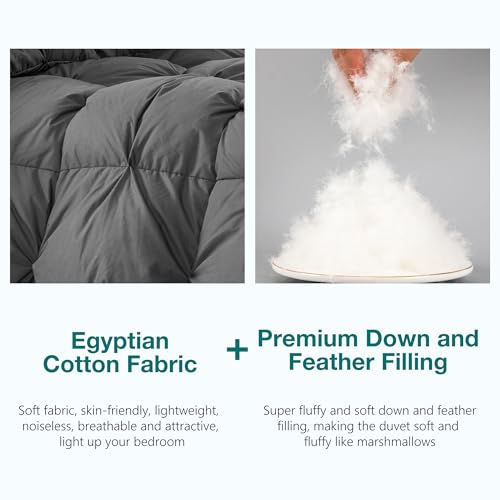 Image of KAKABELL Pinch Pleat Goose Down Feathers Fiber Comforter King Size All Season-Ultra Soft and Cozy Noiseless Duvet Insert with Egyptian Cotton Blend Cover,Fluffy Warm Comforter Insert(Grey,90 inchX106 inch)