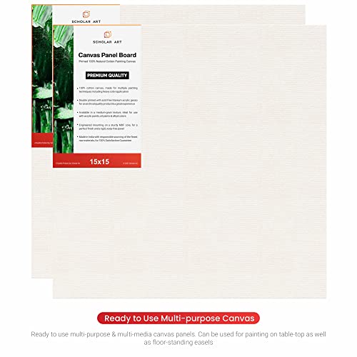 Image of Scholar Art Hobby Series 04 Oz (230 GSM) 100% Cotton Canvas Panel Board for Painting (White Blank Canvas Boards for Acrylic Paint, Oil Paint, Wet & Dry Media) | 15 inchx15 inch (37.5x37.5 cm), Pack of 4