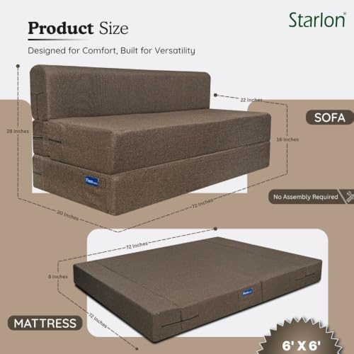 Image of Starlon 3 Seater Sofa Cum Bed Foldable 3-in-1 Sofa Bed with 1 Year Warranty, Washable Jute Fabric Cover | Guest Bed | Coffee Brown 6x6 Ft