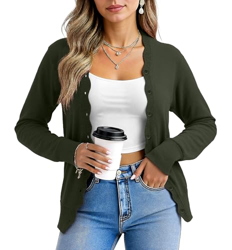 Yommay Womens Long Sleeve Cardigans Sweater Soft Lightweight V Neck Knit Casual Lady Cardigan Trendy Wavy,Olive Green,Large