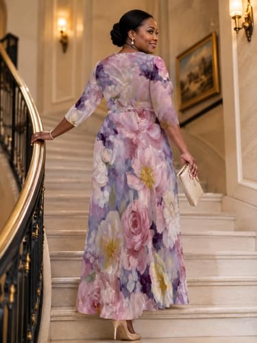 Image of SUZONANA Plus Size Dresses for Women Floral Print Maxi Dress Flowy 3 /4 Sleeve with Belt