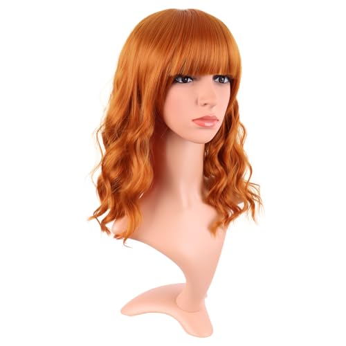 Image of MapofBeauty 14 Inch /35 cm Short Wavy Curly Women Fresh Bright Synthetic Ordinary Flat Bangs Bob Wig (Light Orange)