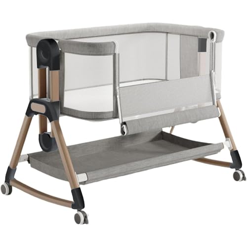 Cisvsia 3 in 1 Baby Bedside Crib Rocking Bassinet with Storage Basket and Wheels Baby Bed Adjustable Height Bassinet Bedside Sleeper Easy Folding Portable Crib for Newborn(Light Gray)