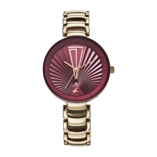 Image of Fastrack Chrome K Quartz Analog with Maroon Dial Titanium Brass Solid Strap Watch for Women - 6216QM03