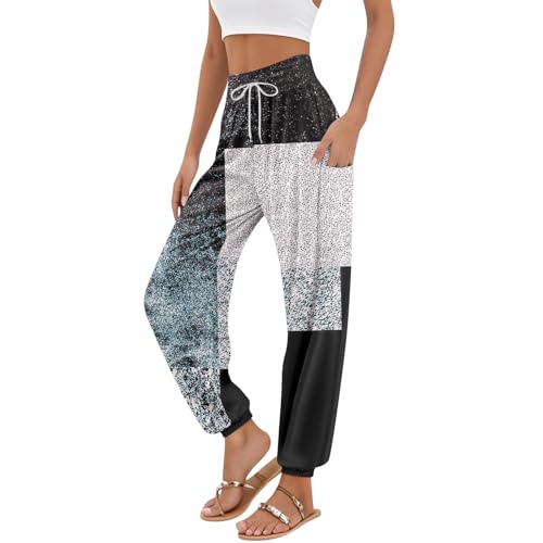 Women's Retro High Waist Drawstring Boho Floral Printed Linen Harem Pants Casual Elastic Waist Crop Trousers for Women