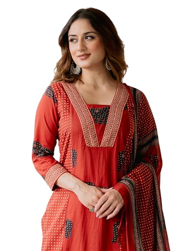 Image of Arayna Women's Pure Cotton Printed Kurta Pants Dupatta Set | Elephant Motif Ethnic Suit Set | Traditional 3-Piece Set for Women