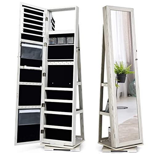 CHARMAID 360° Rotating Jewelry Armoire with Higher Full Length Mirror, Standing Lockable Jewelry Cabinet Organizer with Large Storage Capacity, Inside Makeup Mirror, Rear Storage Shelves (White)