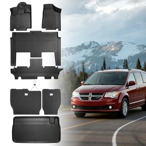 Floor Mats for Chrysler Town & Country 2008-2010 2011 2012 2013-2016(ONLY Stown Go) & for Dodge Grand Caravan 2008-2015 2016-2018 2019-2021 TPE Custom Floor Liners & Seatback Mat & Cargo Liner