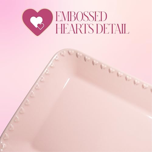 Paris Hilton Rectangle Ceramic Stoneware Serving Platter Tray, Embossed Hearts, Microwave Safe, 15x8-Inch, Pink - Thumbnail 5