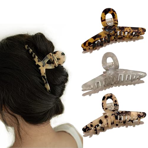 Big Hair Claw Clips Tortoise Banana Hair Clips for Women Girls French Vintage Design Celluloid Leopard Print Barrettes Strong Hold Pin Teeth Clamp for Thick Thin Curly Straight Long Hair(3 Packs)